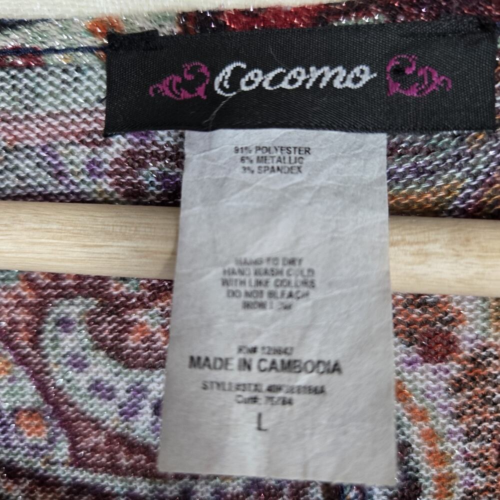 Cocomo Top L Paisley Multicolor Metallic Shimmer Knit Flowy Bell Sleeve Boho - Picture 8 of 12